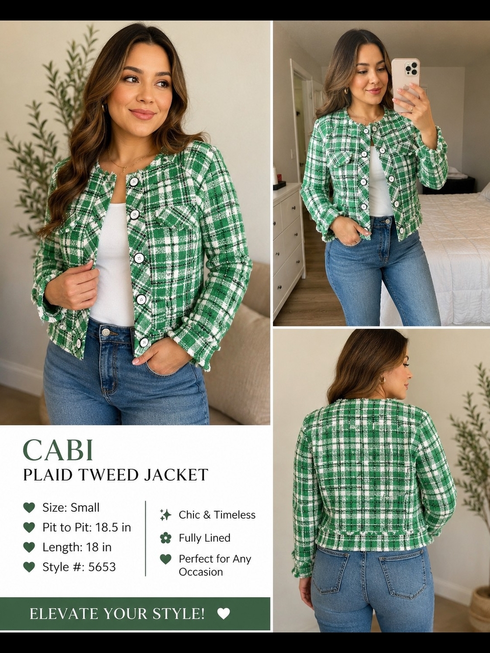 CABI Green Plaid Tweed Jacket - Women’s Small